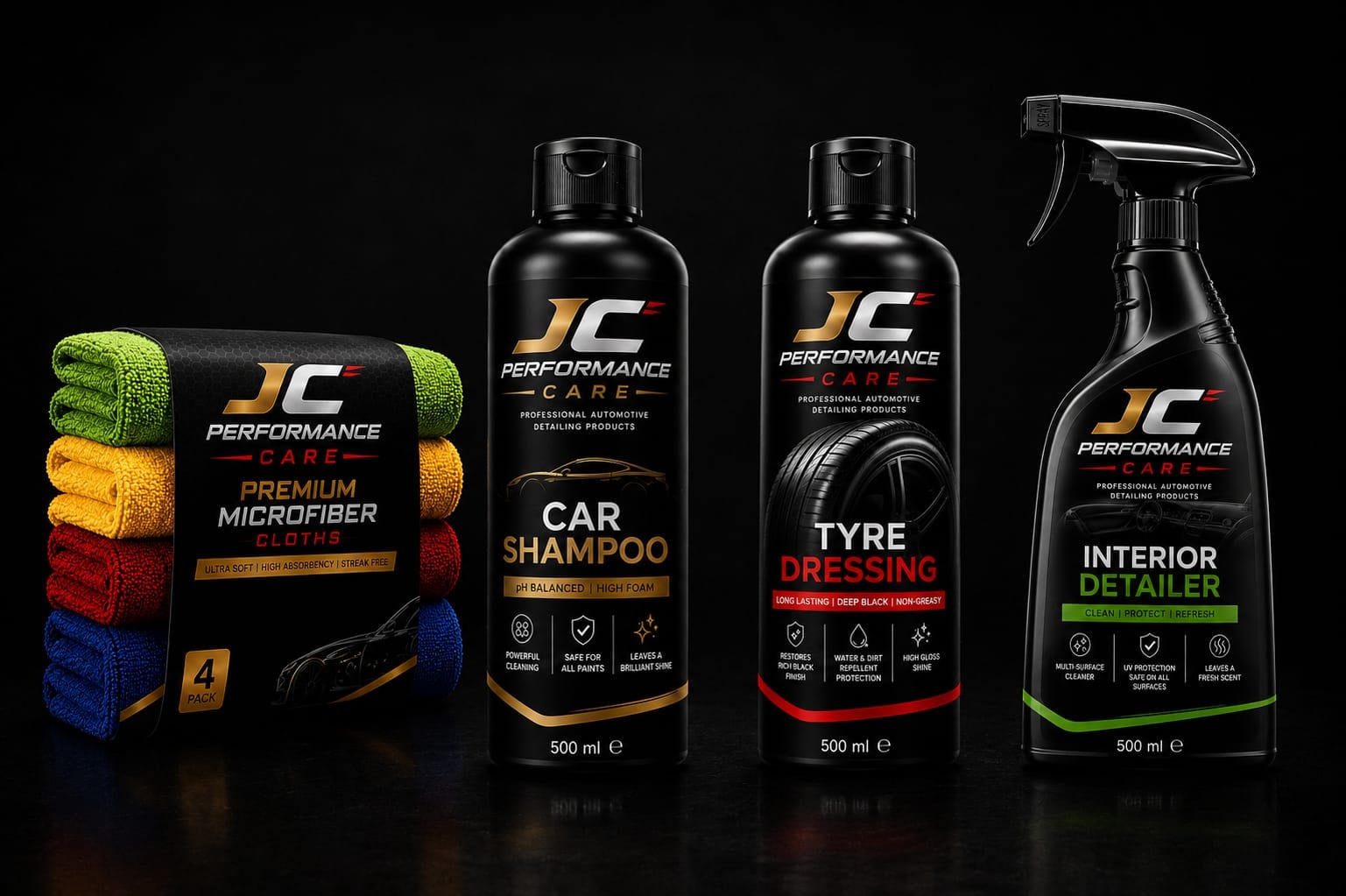 JC Performance Care full product lineup — car shampoo, tyre dressing, interior detailer, microfiber cloths